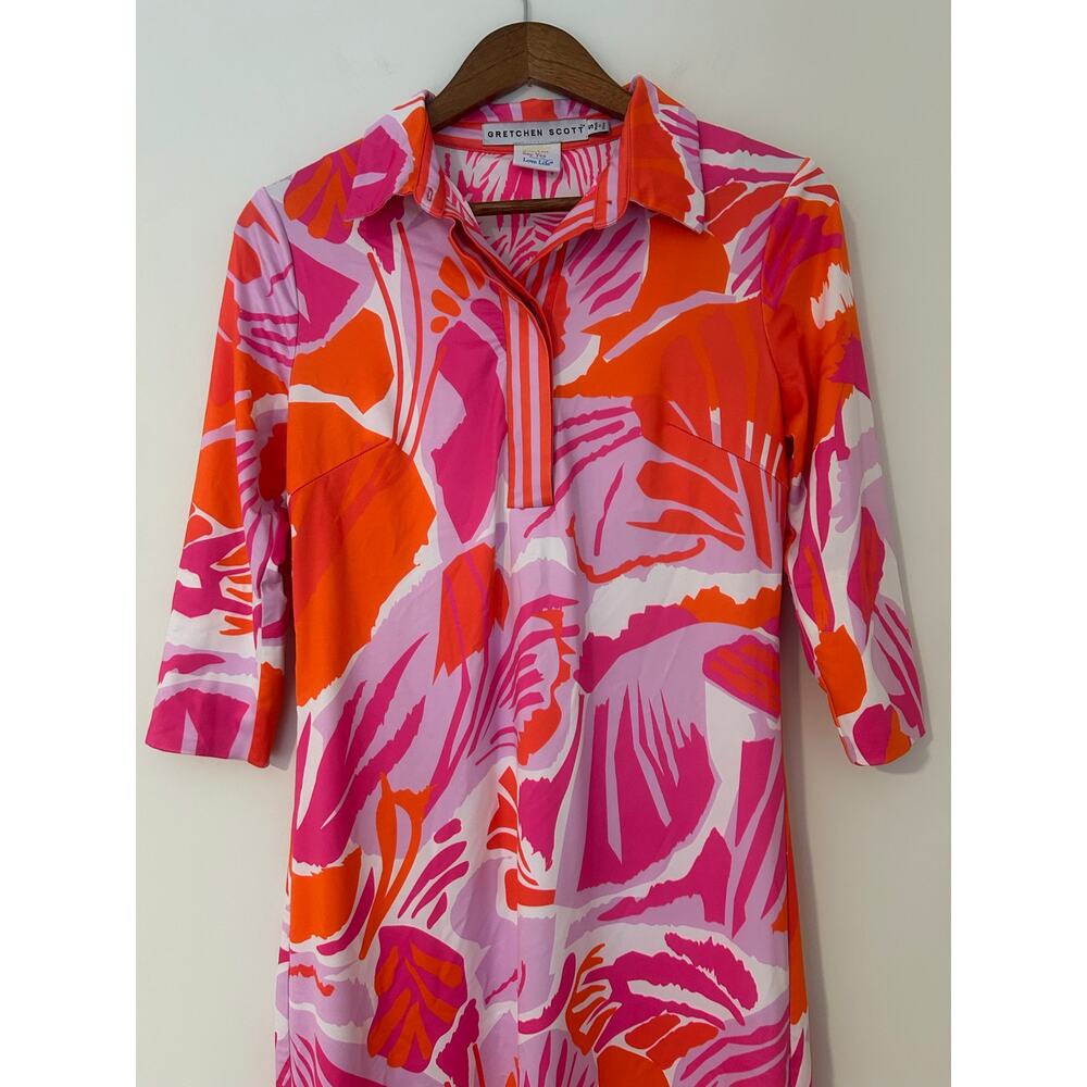 Gretchen Scott S Collared Shirt Dress Pull Over 1/2 Sleeve Pink Orange Botanical - Picture 2 of 8